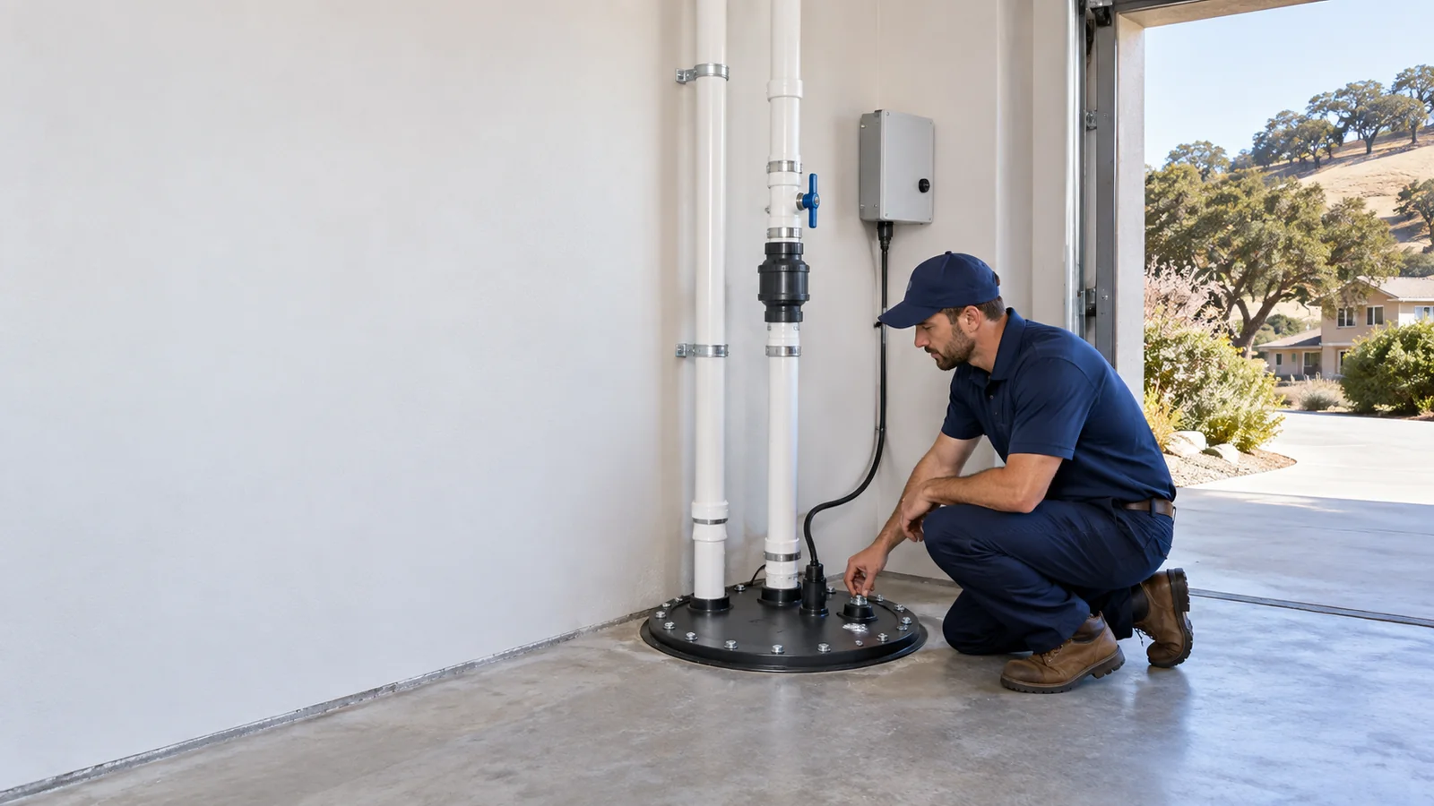 Residential sewage ejector pump service scene for Arroyo Grande with sealed basin and discharge piping