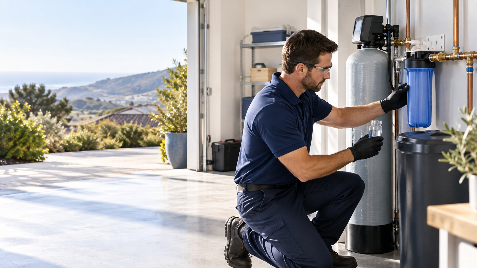 Technician inspecting whole-house water filtration equipment at an Arroyo Grande home