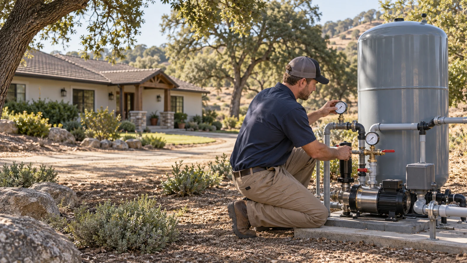 Plumber checking residential water pressure equipment and gauges for Atascadero pressure service