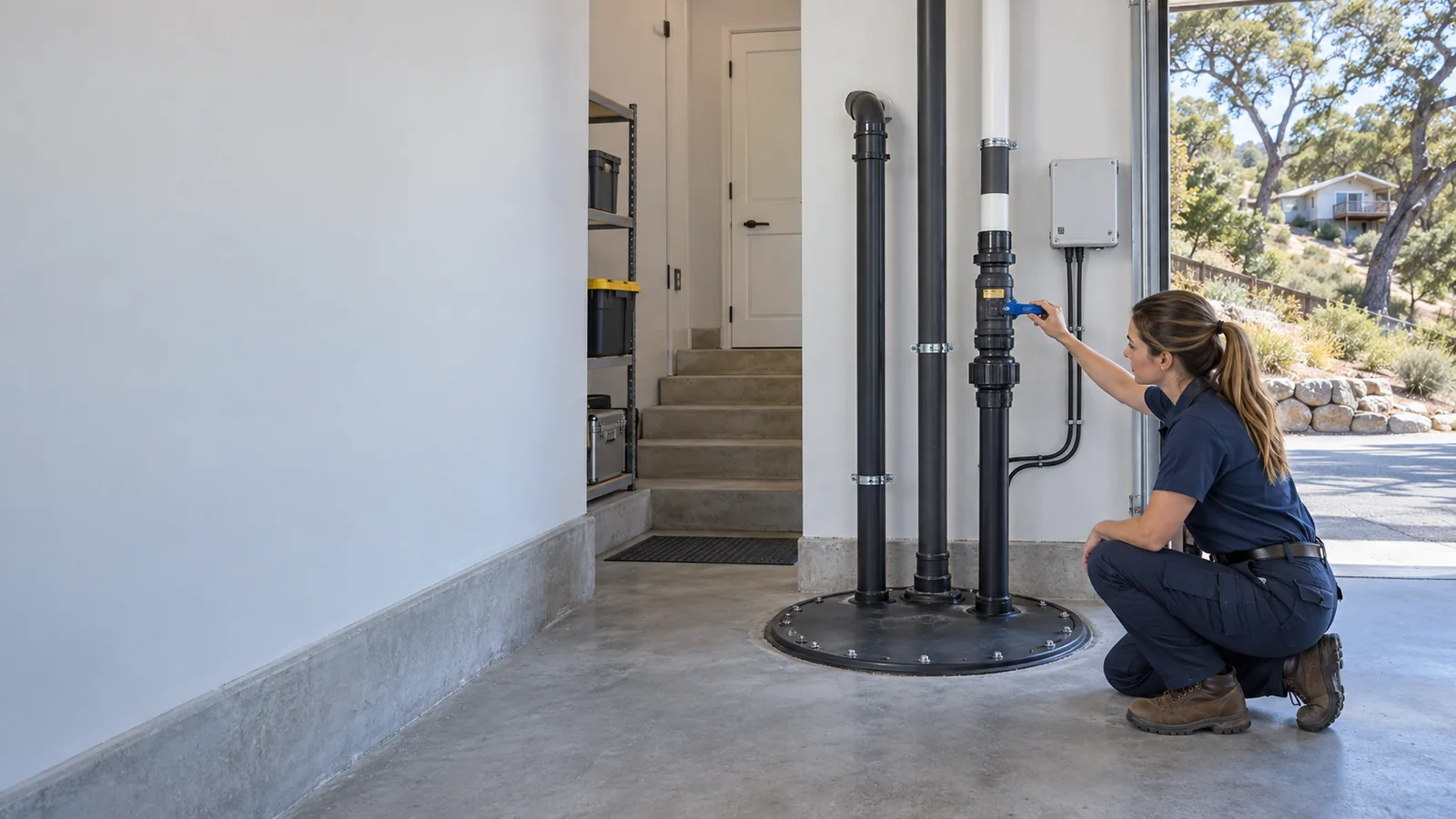 Residential sewage ejector pump service scene for Atascadero with sealed basin and discharge piping