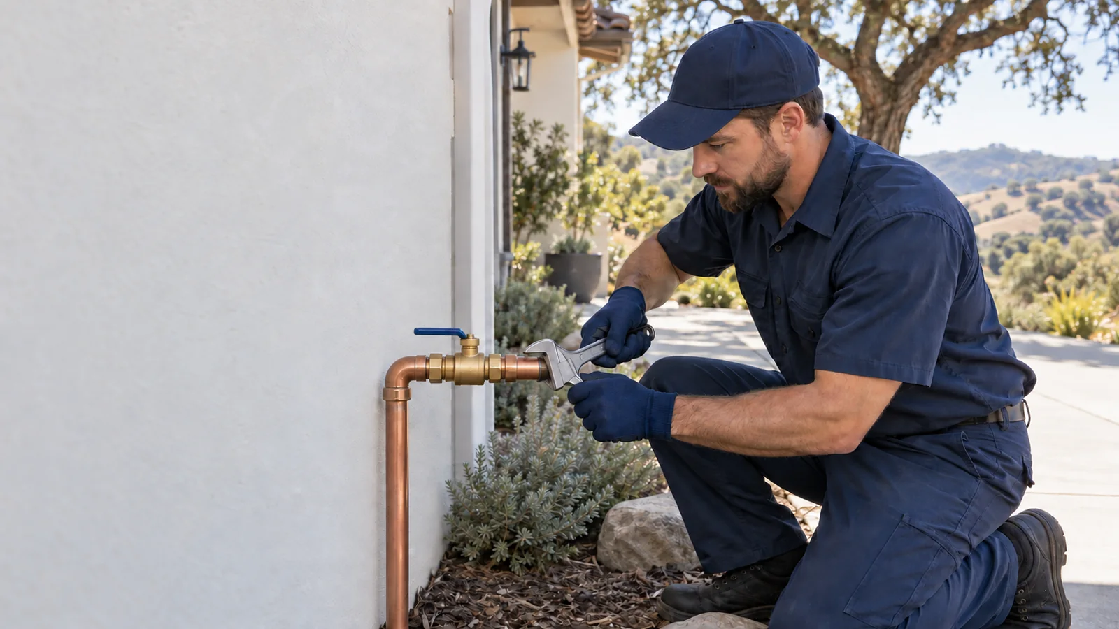 Water Fixers plumber servicing a private residential water shutoff valve in Atascadero