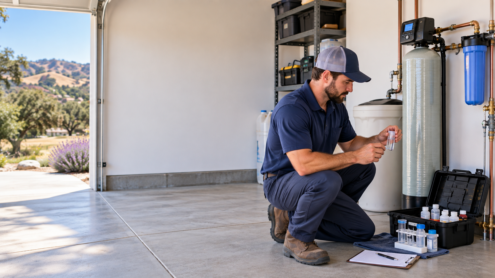 Technician testing water beside residential filtration equipment in Atascadero