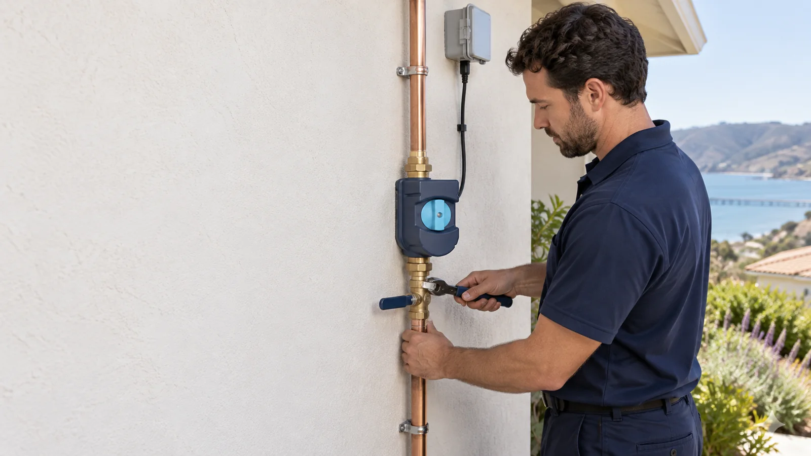 Professional Moen Flo smart water shutoff installation on private residential plumbing in Avila Beach