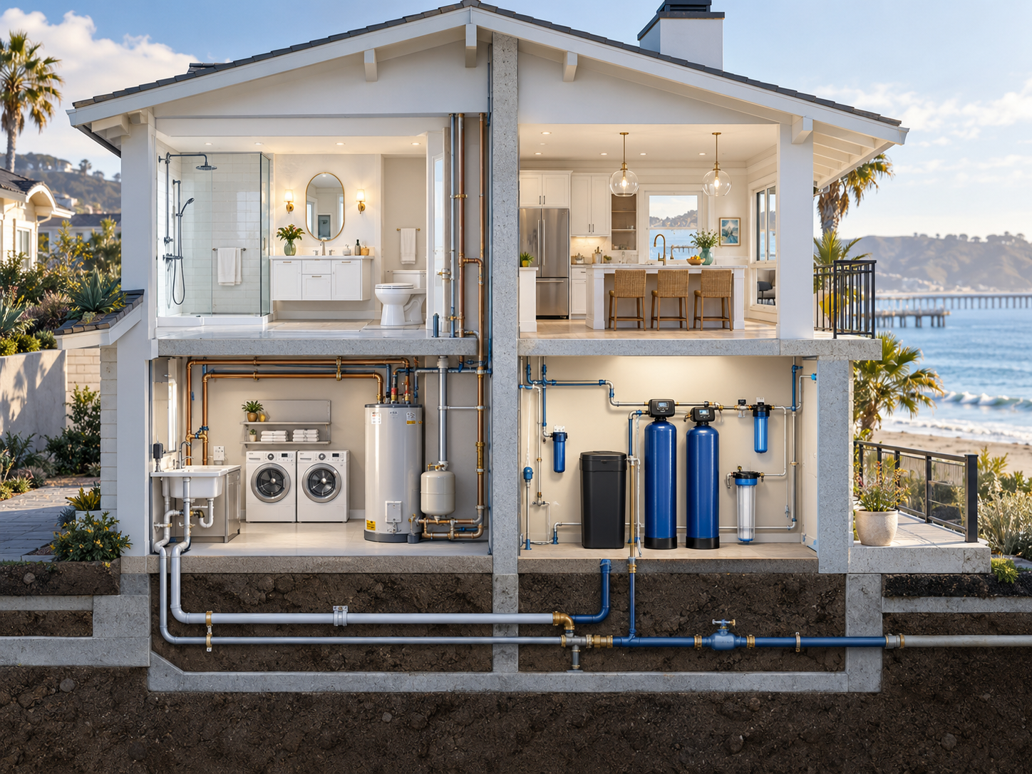 Avila Beach home diagram showing plumbing and water filtration service paths