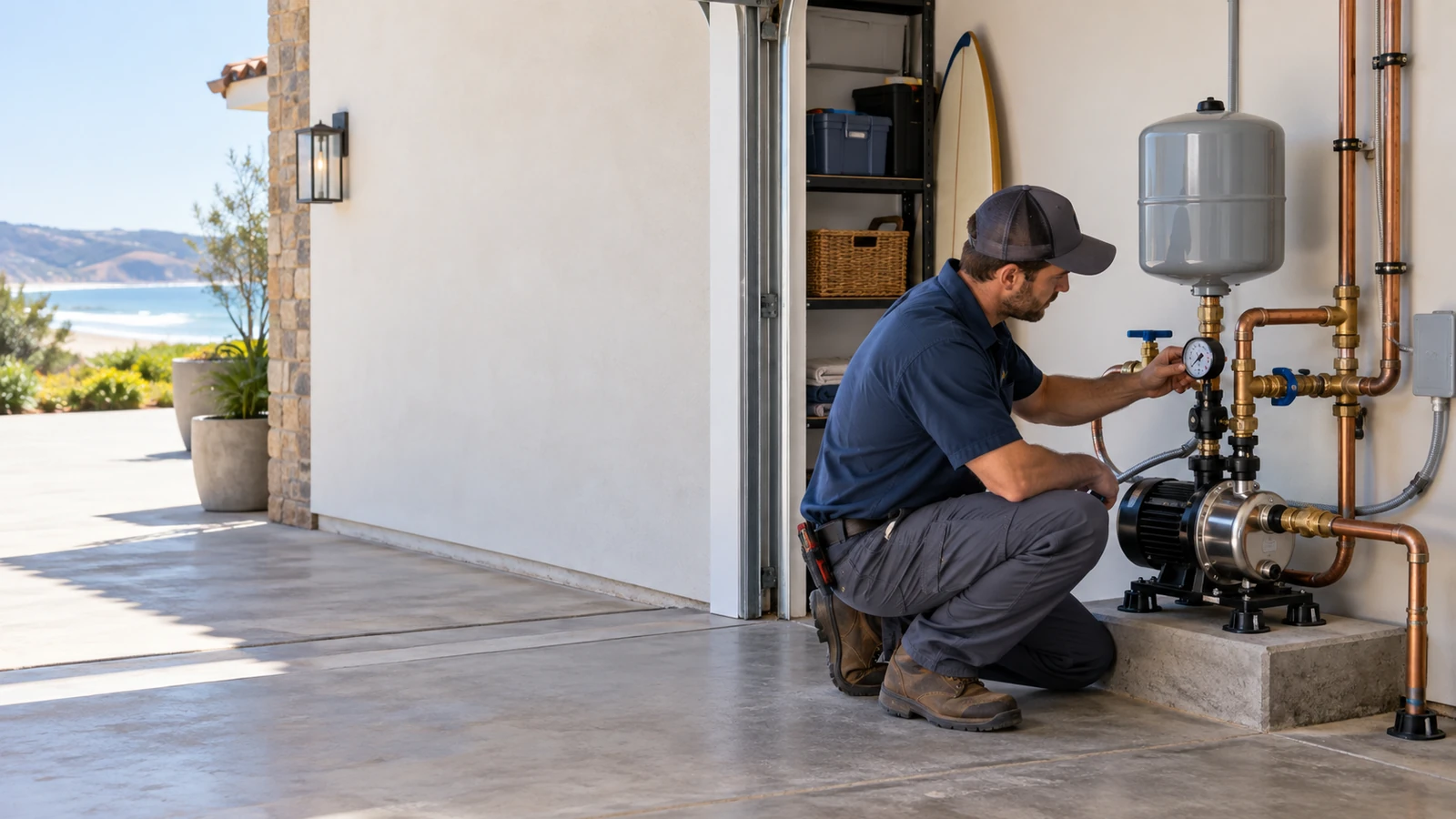 Water Fixers technician checking residential water pressure equipment and gauges at a home in Avila Beach, California