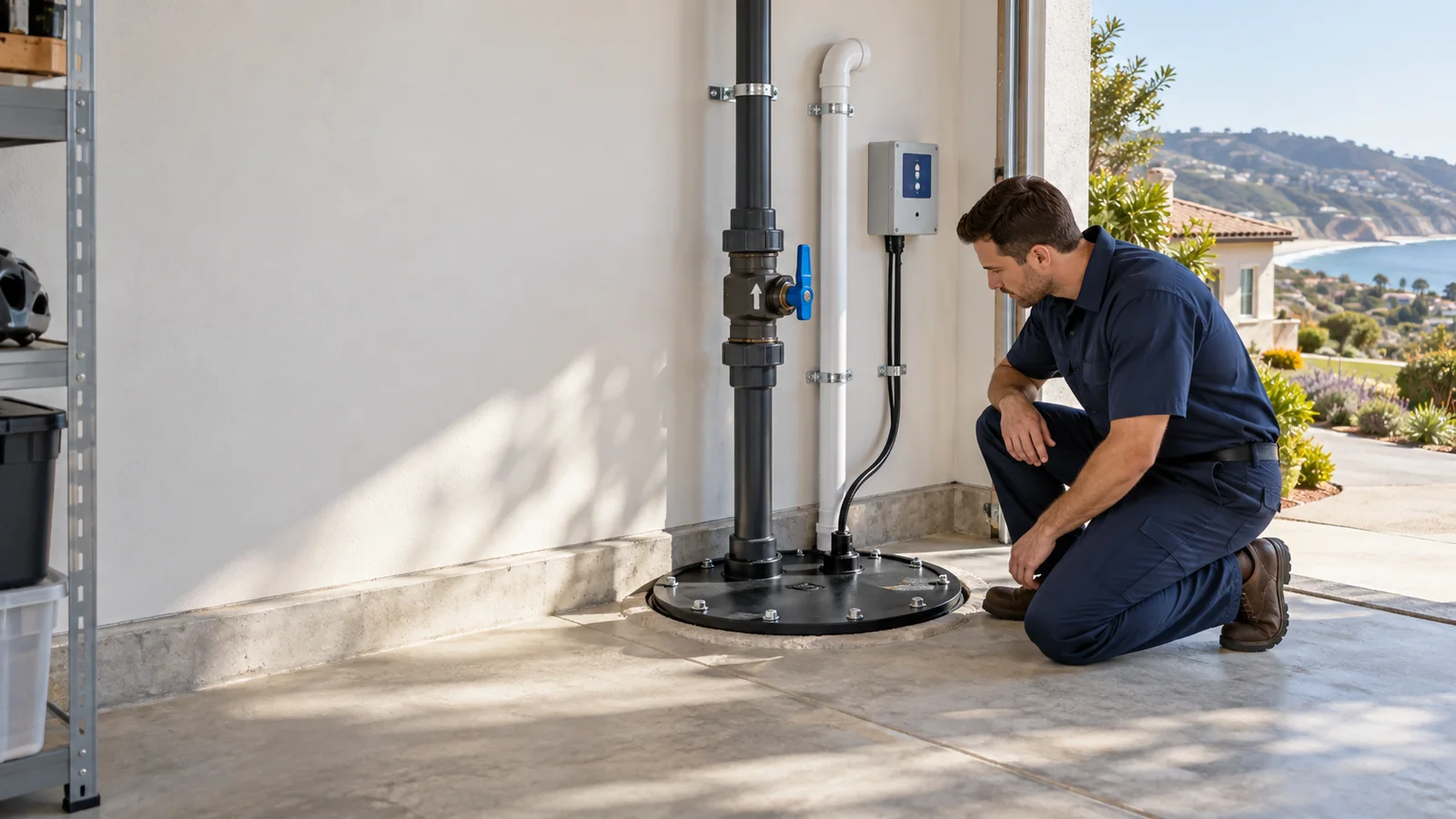 Residential sewage ejector pump service scene for Avila Beach with sealed basin and discharge piping