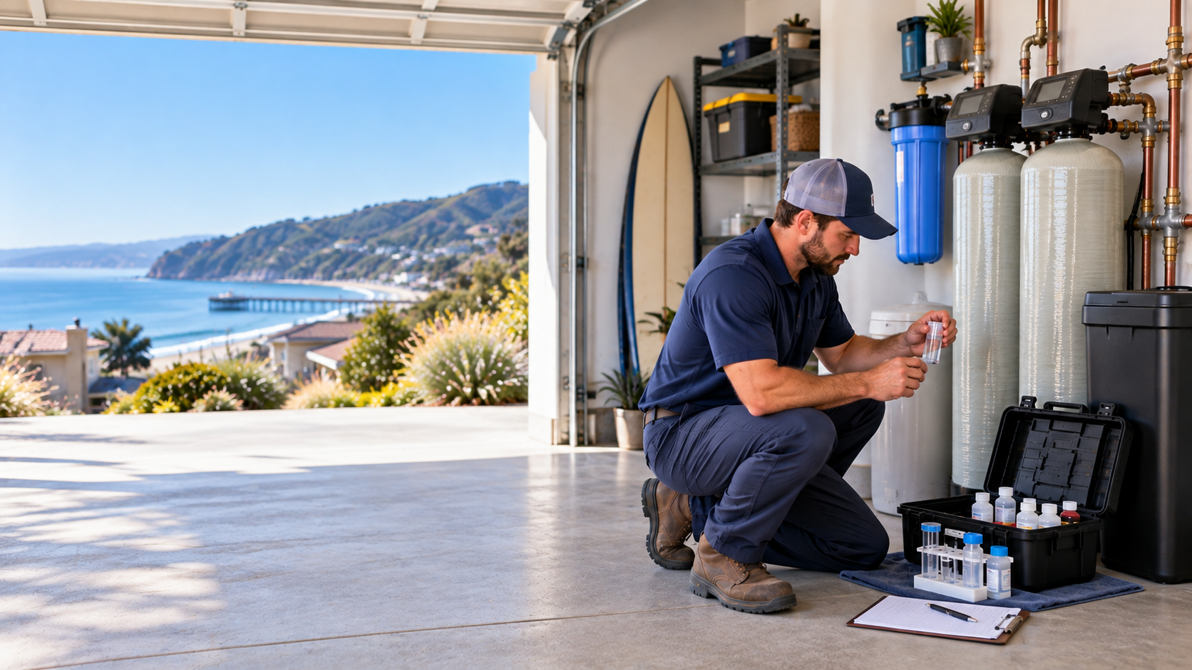 Technician testing water beside residential filtration equipment in Avila Beach
