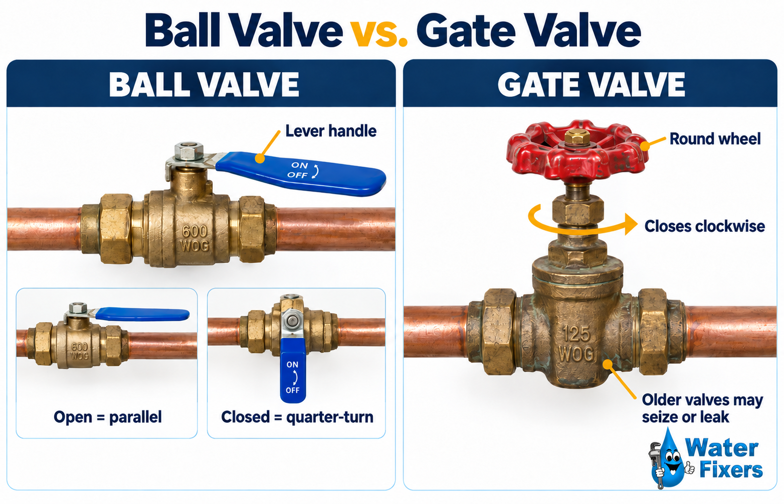 Comparison of a lever-style ball valve and wheel-style gate valve used as main water shutoffs