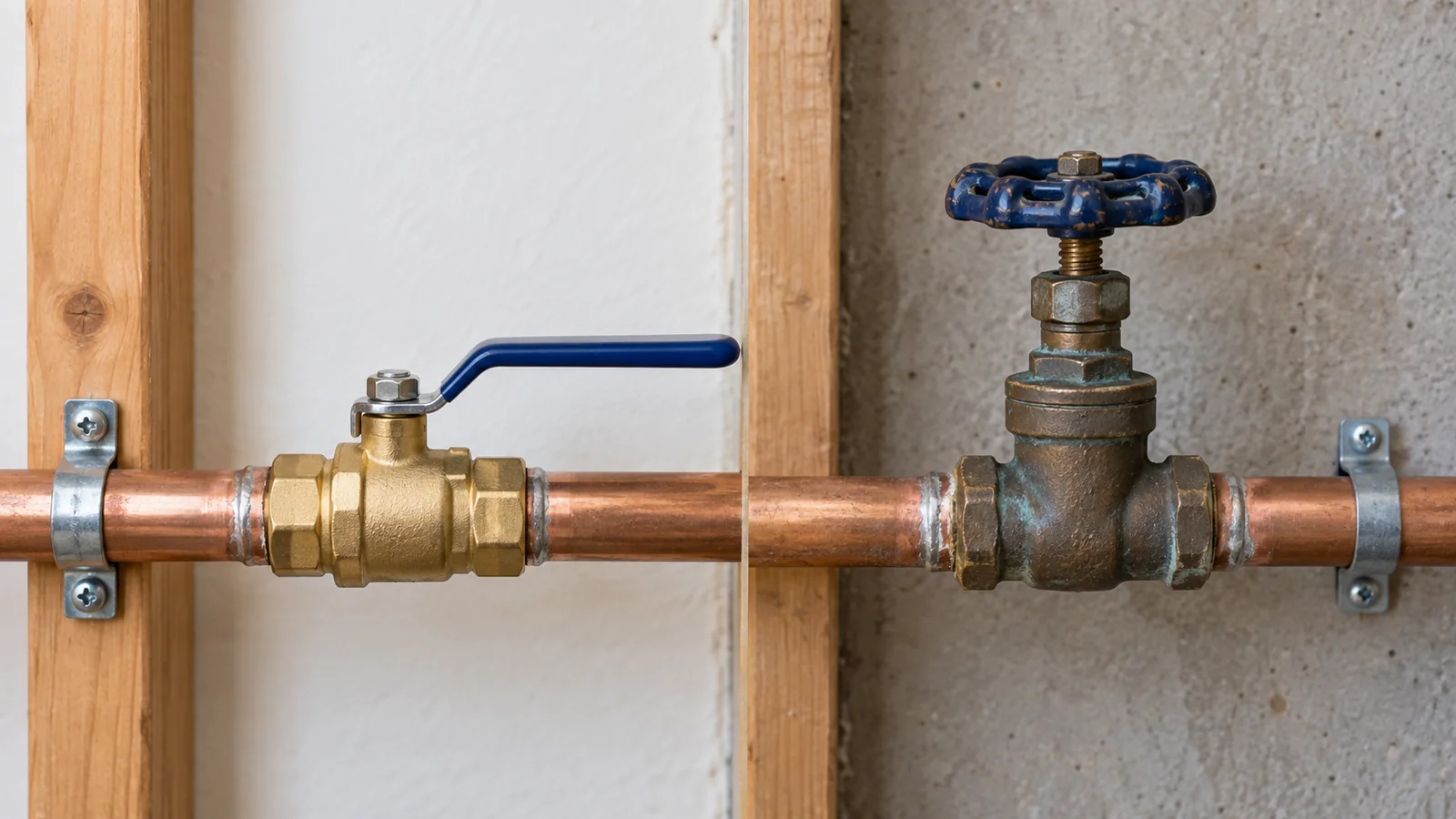 Modern ball shutoff valve compared with an older gate valve