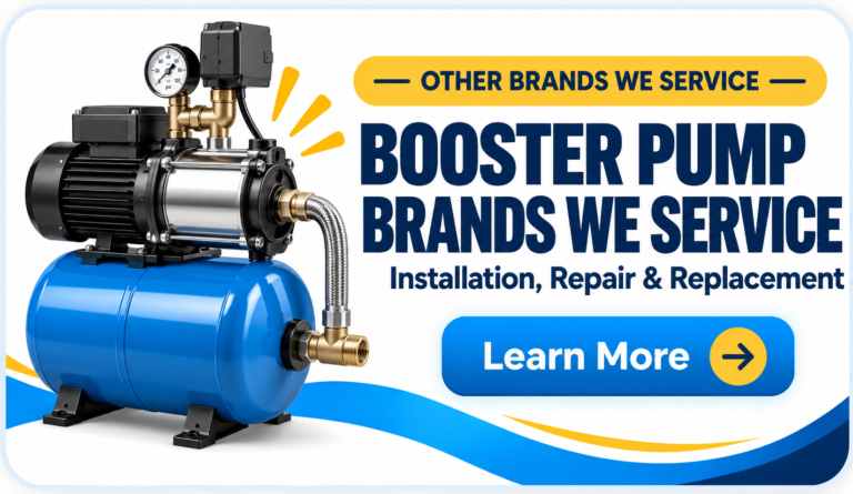 Booster pump brands we service card with a generic residential booster pump and pressure tank, installation, repair, and replacement