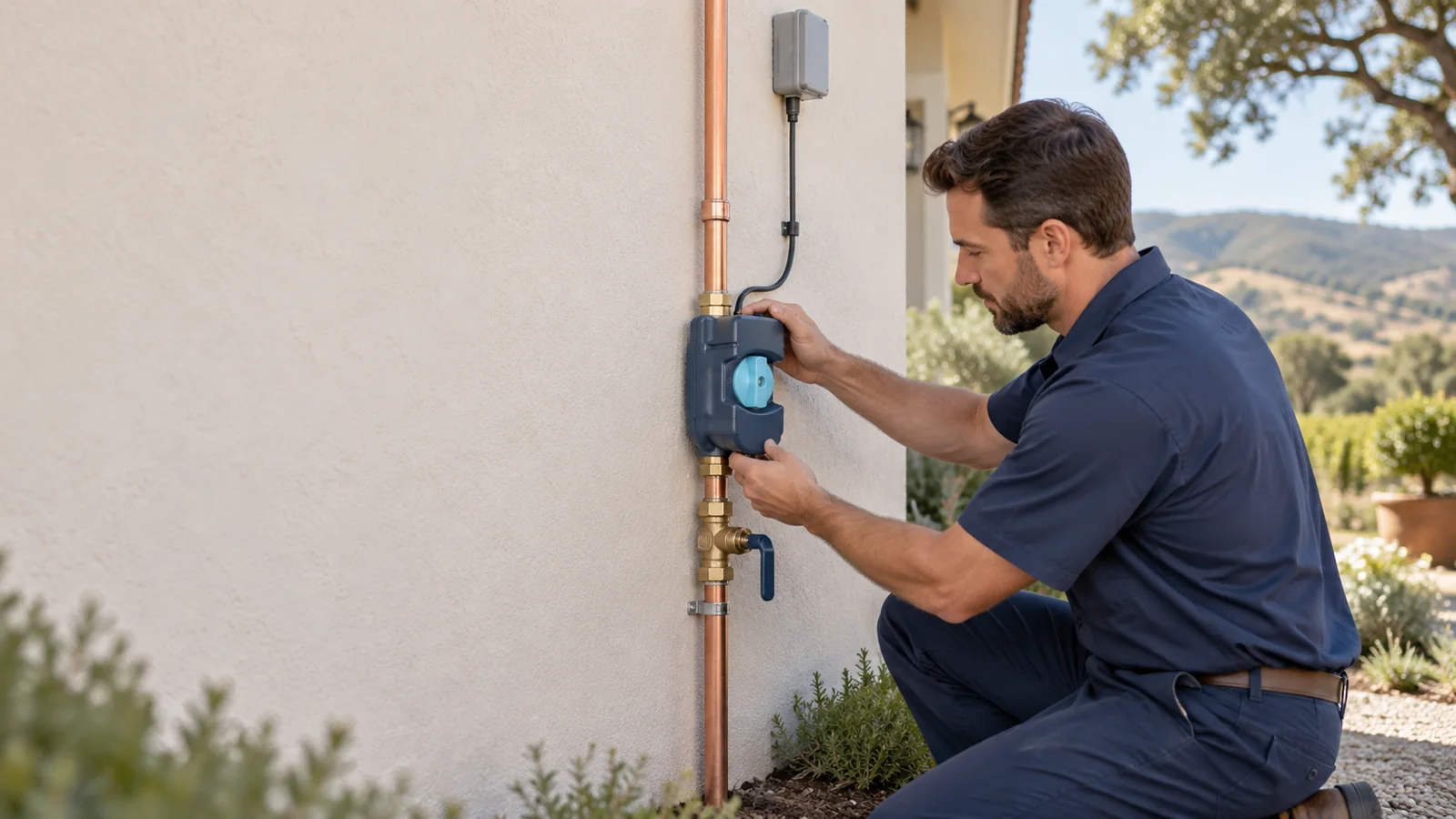 Professional Moen Flo smart water shutoff installation on private residential plumbing in Buellton