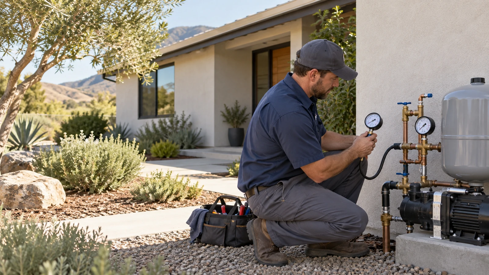 Water Fixers technician checking residential water pressure equipment and gauges at a home in Buellton, California