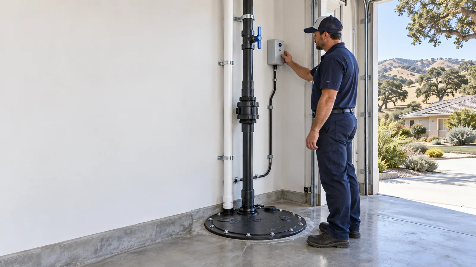 Residential sewage ejector pump service scene for Buellton with sealed basin and discharge piping