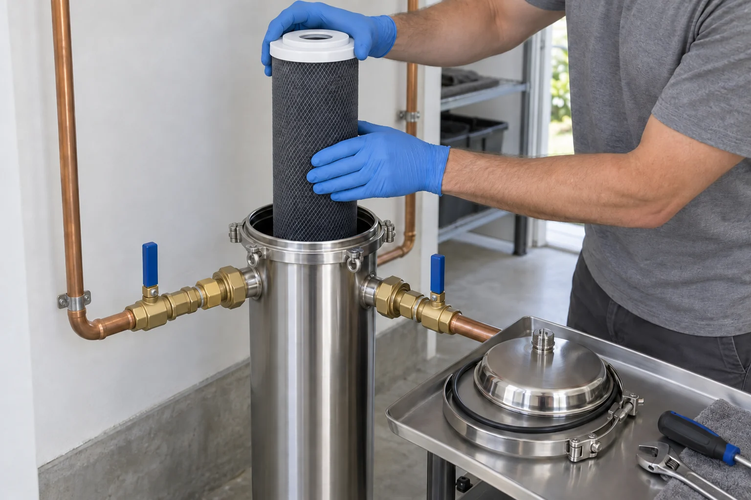 Technician servicing a residential whole-house carbon filtration system
