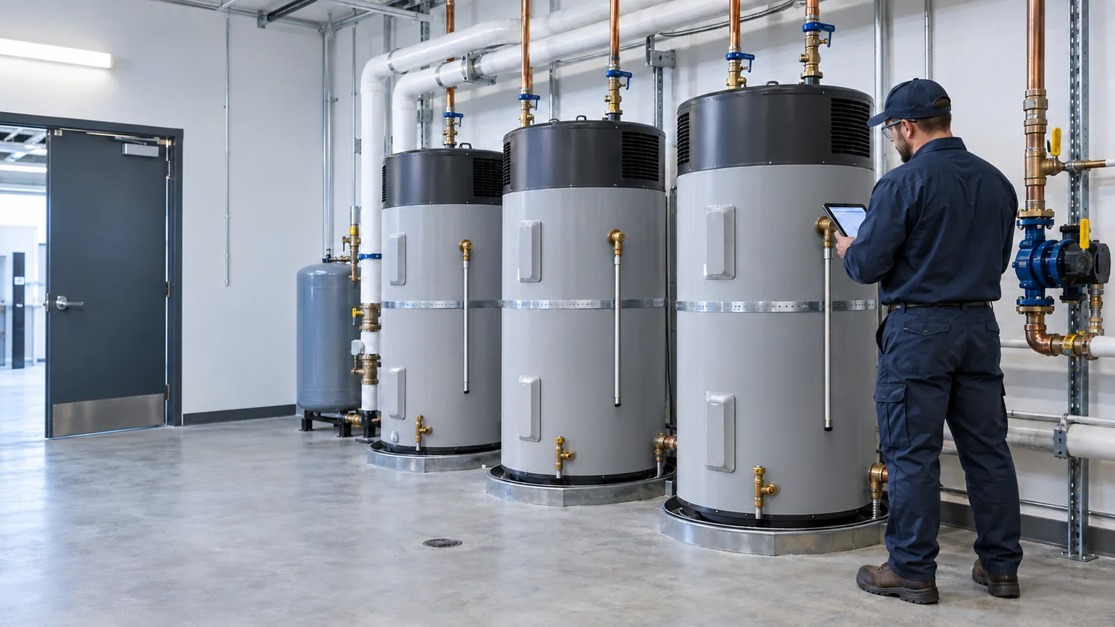 Commercial water-heater mechanical room with accessible piping, valves and service space