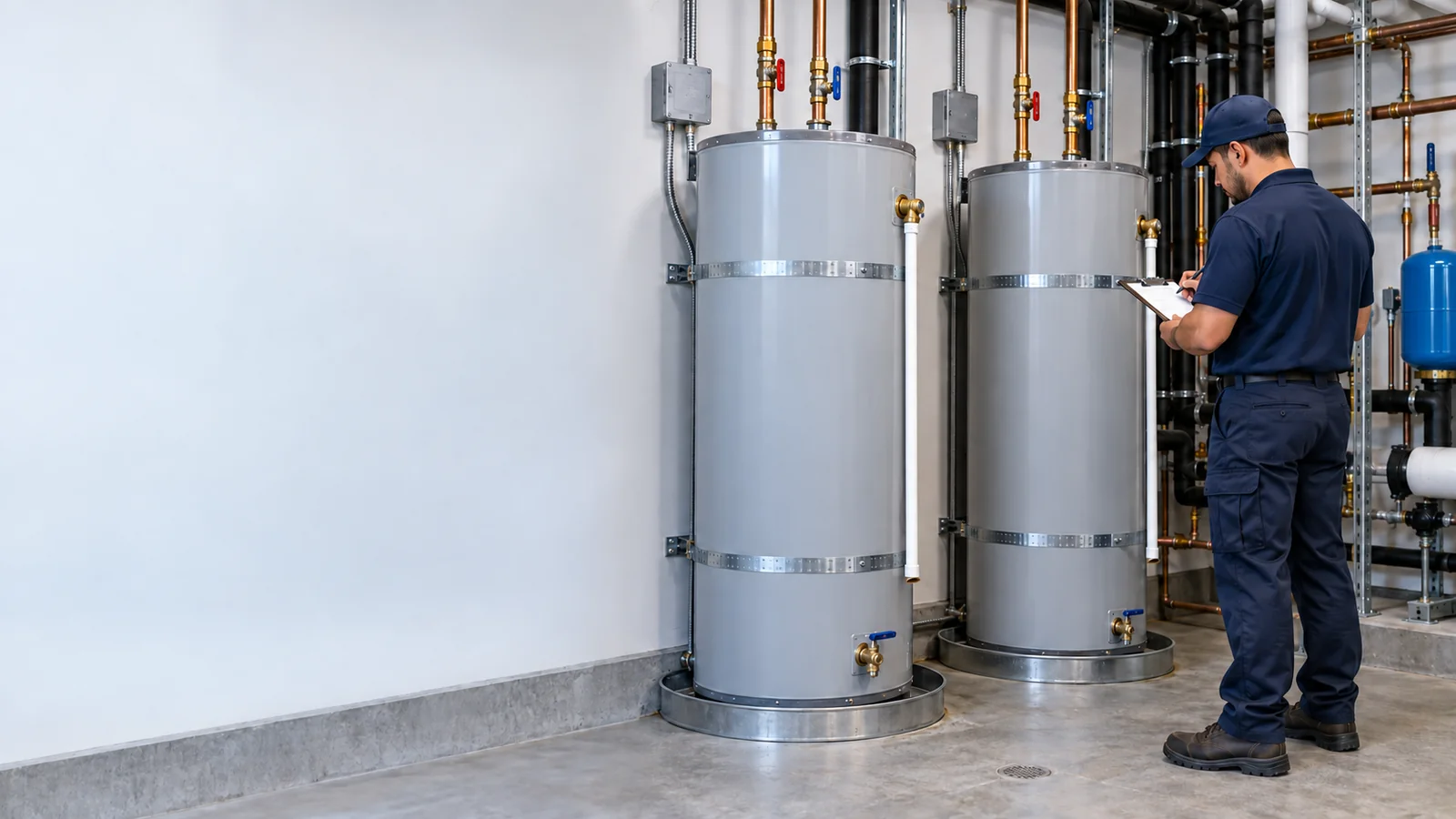 Professional plumber evaluating a commercial water-heating system in a mechanical room