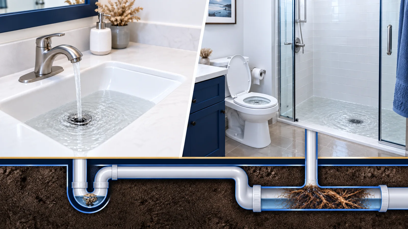Residential plumbing illustration comparing a single fixture clog with a shared main drain problem