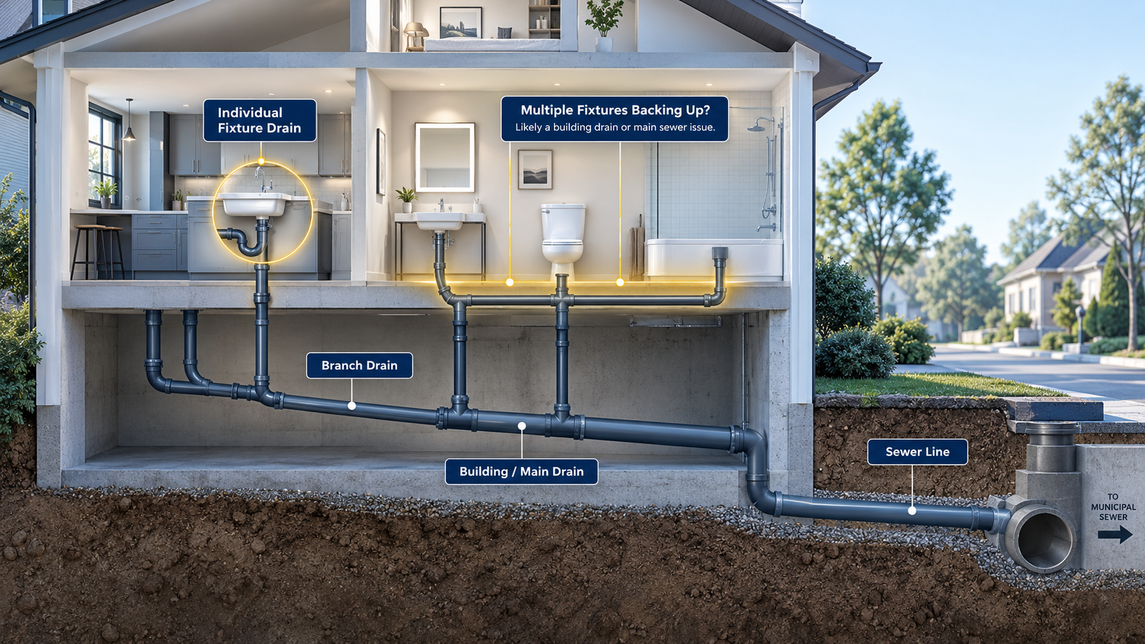 Residential plumbing diagram showing fixture drains connecting to the building drain and main sewer line