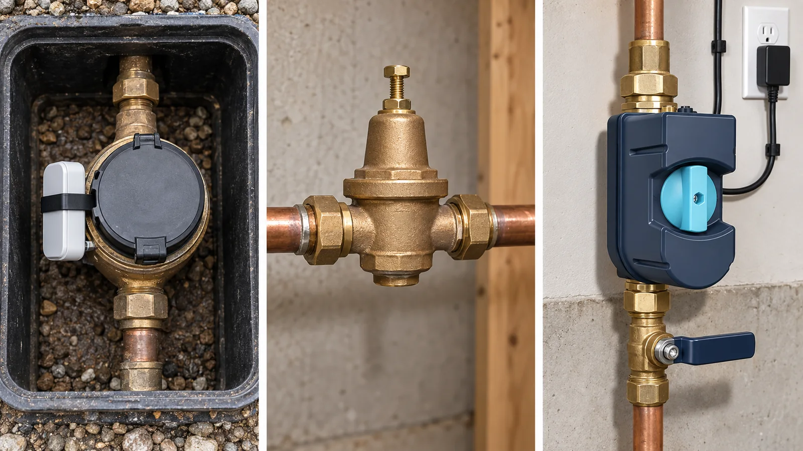 Flume meter monitoring, a pressure regulator and Moen Flo smart water shutoff shown as different water-protection tools