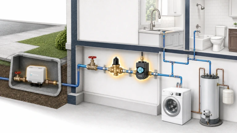 Residential plumbing diagram showing Flume monitoring, a PRV and Moen Flo smart water protection