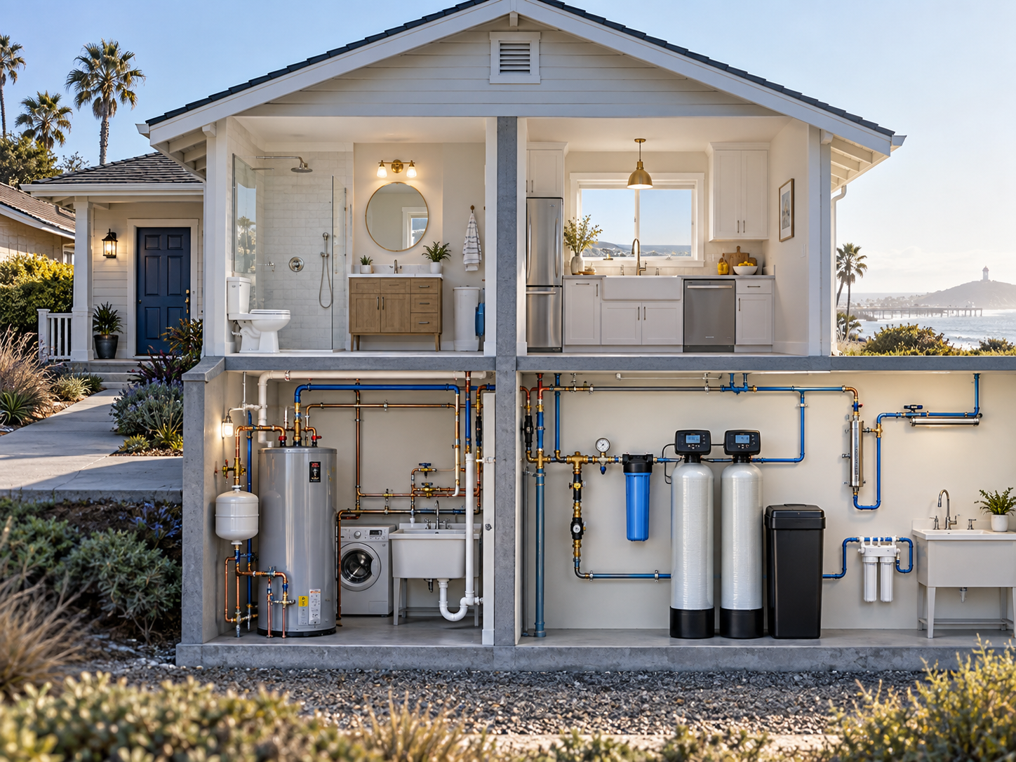 Grover Beach home diagram showing plumbing and water filtration service paths