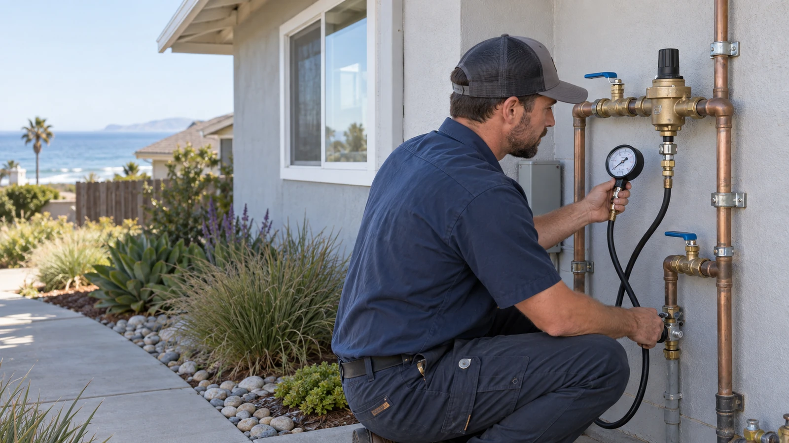 Water Fixers technician checking residential water pressure equipment and gauges at a home in Grover Beach, California