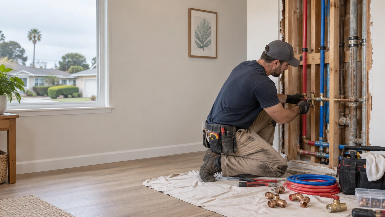 Water Fixers plumber installing new residential water piping during a repiping project in Grover Beach, California