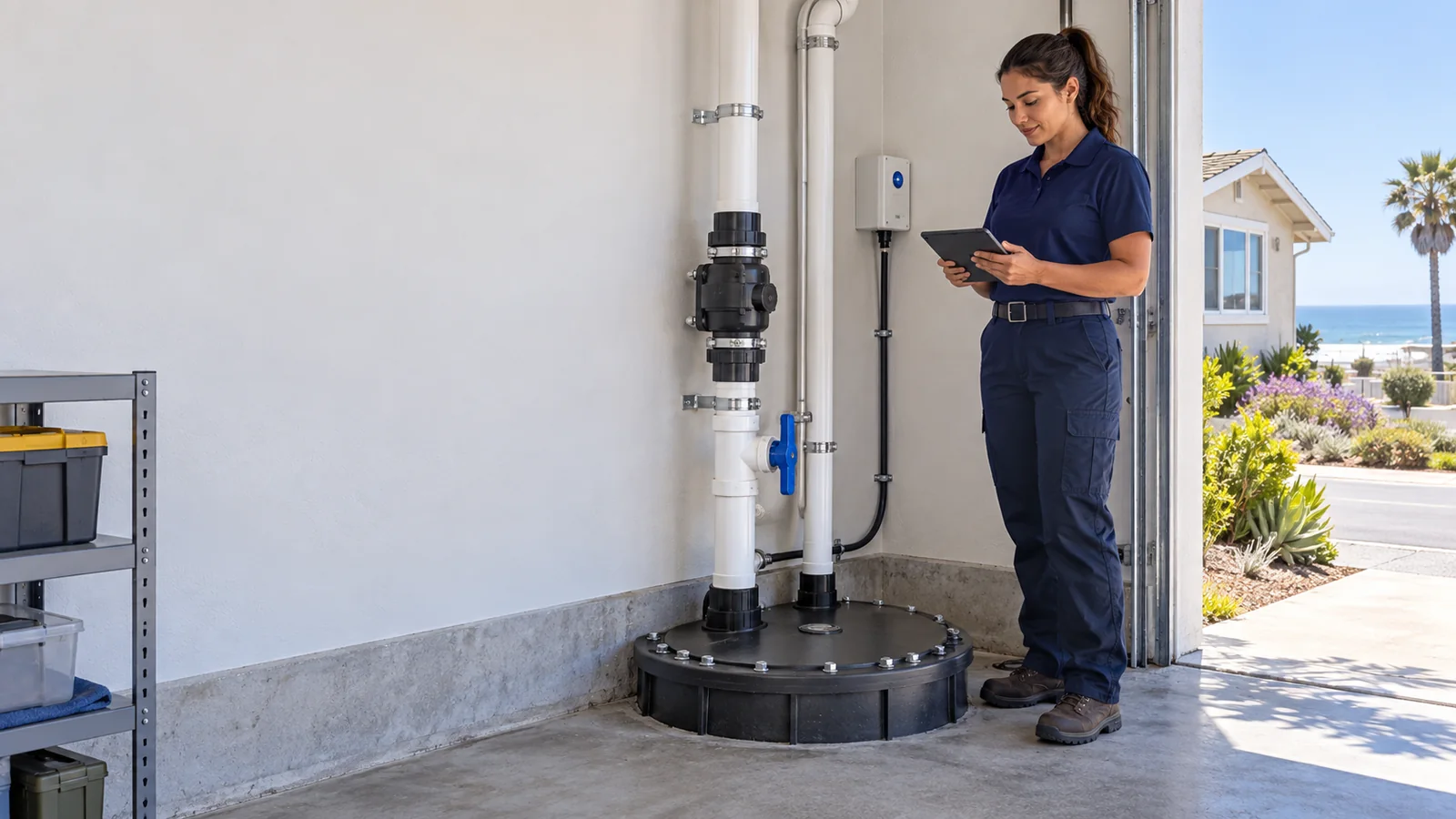 Residential sewage ejector pump service scene for Grover Beach with sealed basin and discharge piping