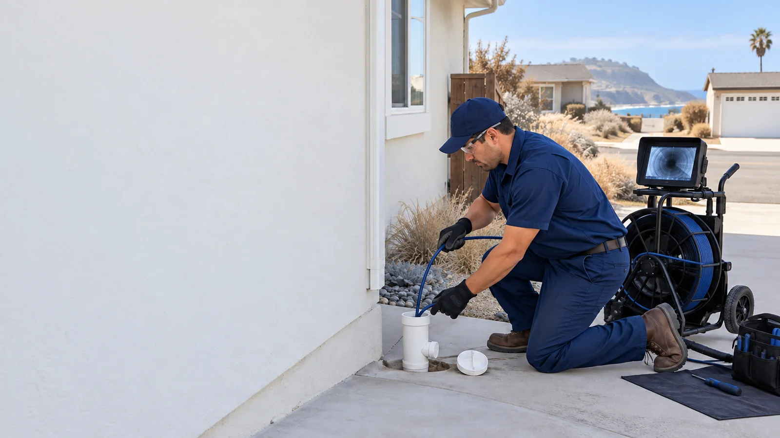 Water Fixers sewer and main drain service at a residential cleanout in Grover Beach