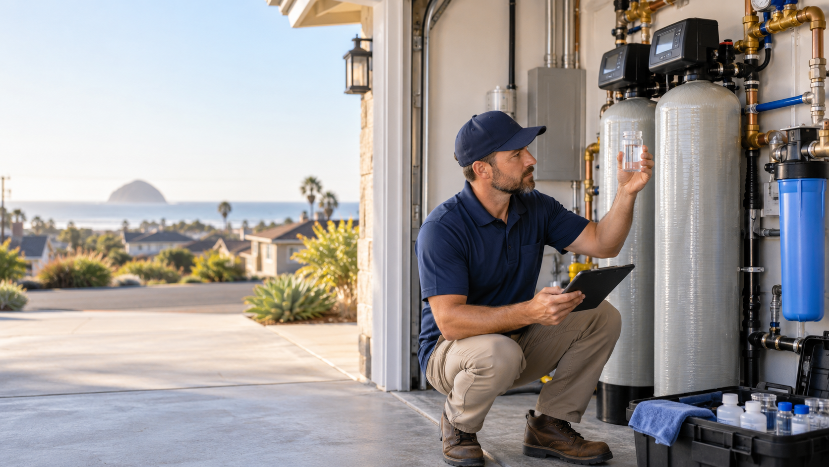 Technician testing household water beside filtration equipment in Grover Beach