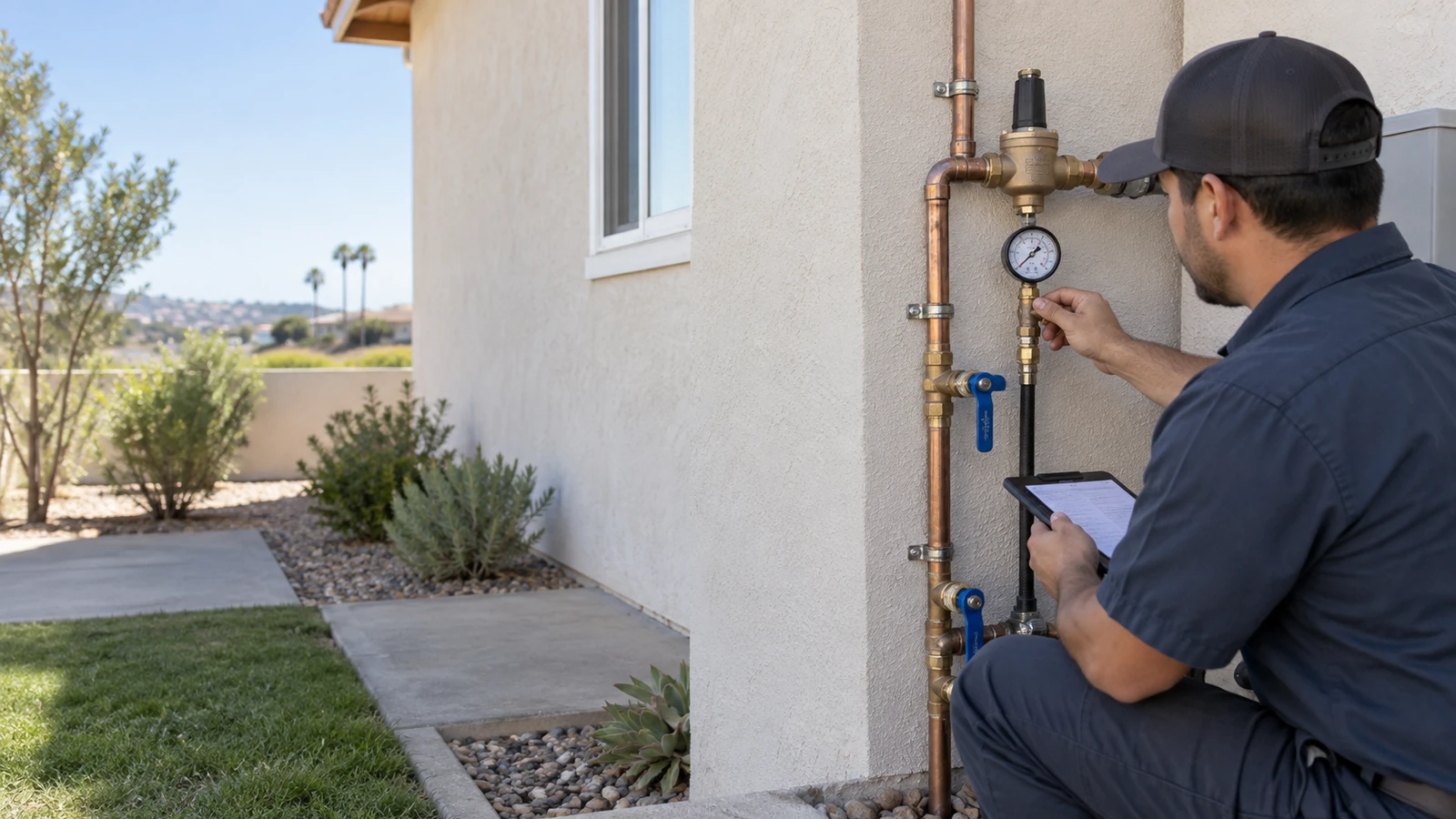 Technician checking residential water pressure equipment and gauges