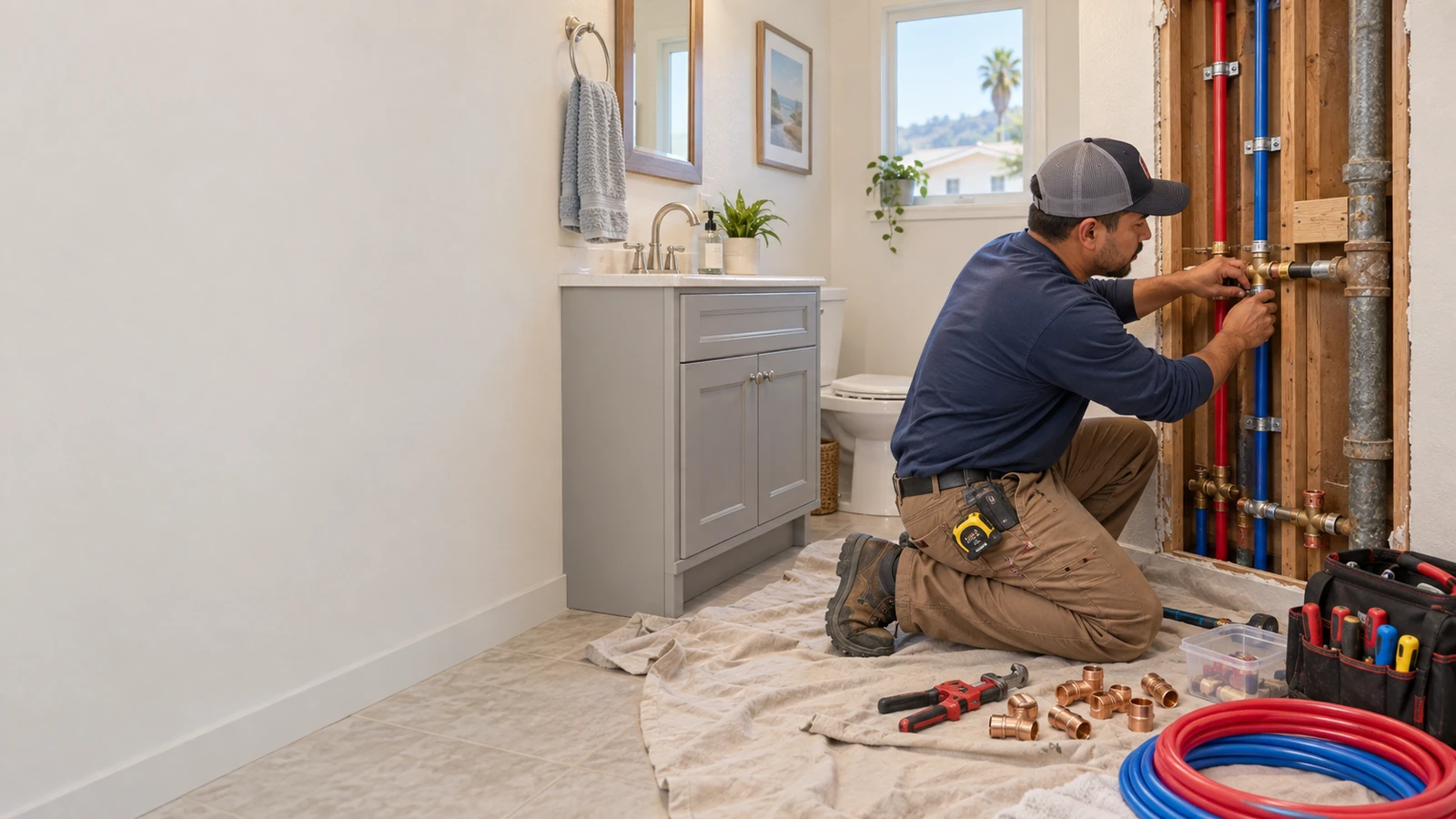 Water Fixers plumber installing new residential water piping during a repiping project in Guadalupe, California