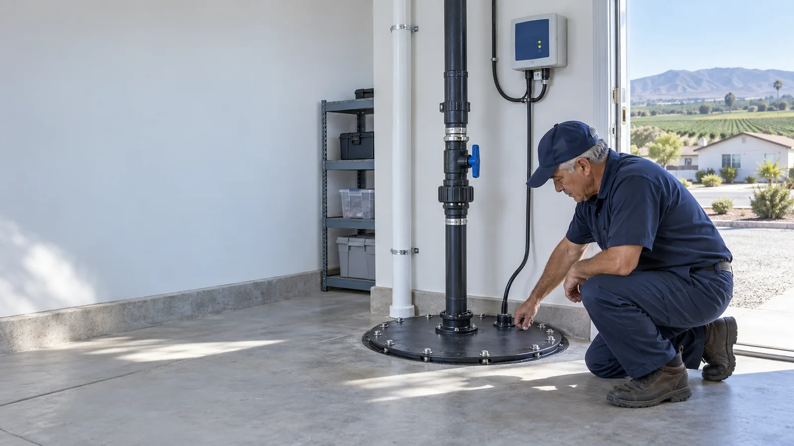 Residential sewage ejector pump service scene for Guadalupe with sealed basin and discharge piping