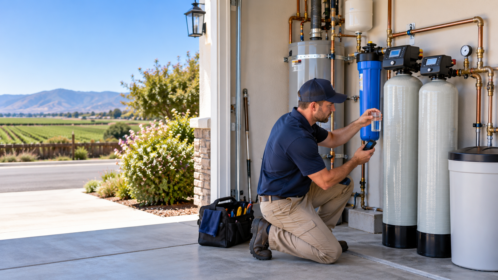 Technician testing water beside residential filtration equipment in Guadalupe