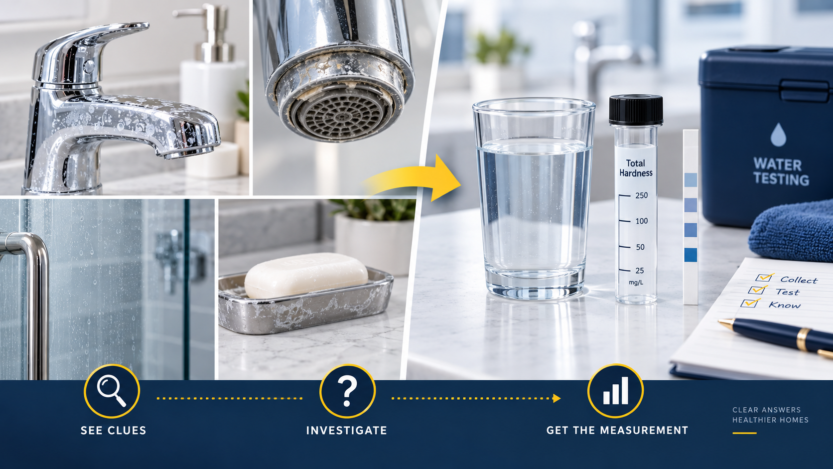 Hard water clues such as scale and spotting compared with actual water hardness testing