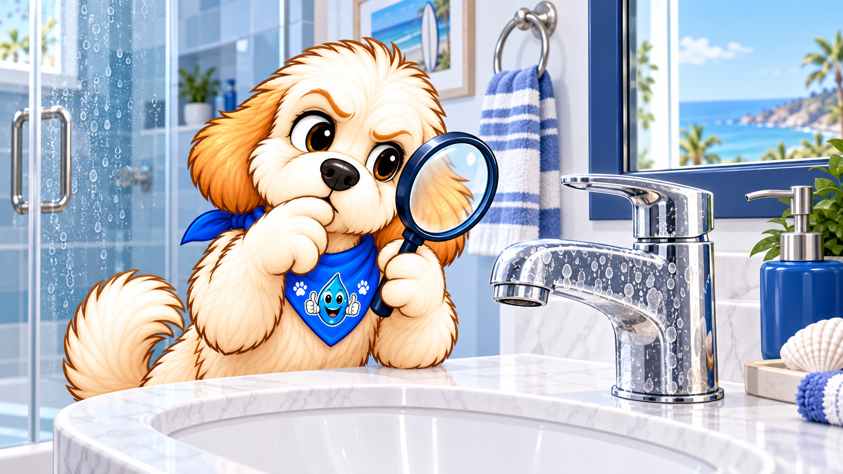Harley investigating white mineral spots and scale in a clean bathroom
