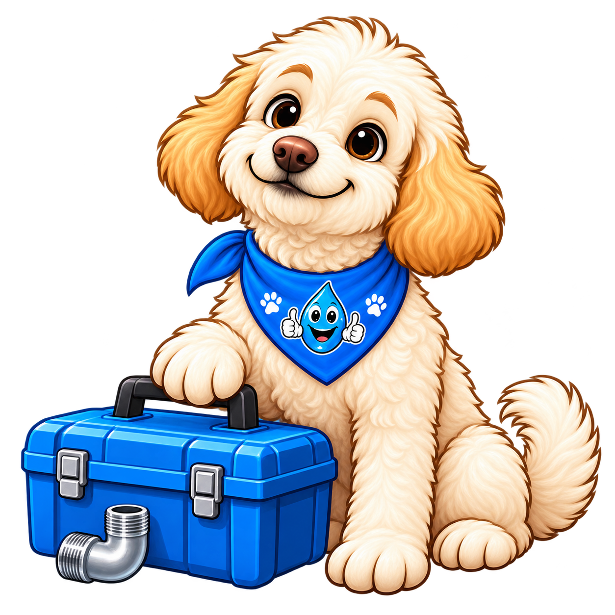 Harley, Water Fixers shop dog and Chief Morale Officer, inviting homeowners to read more tips