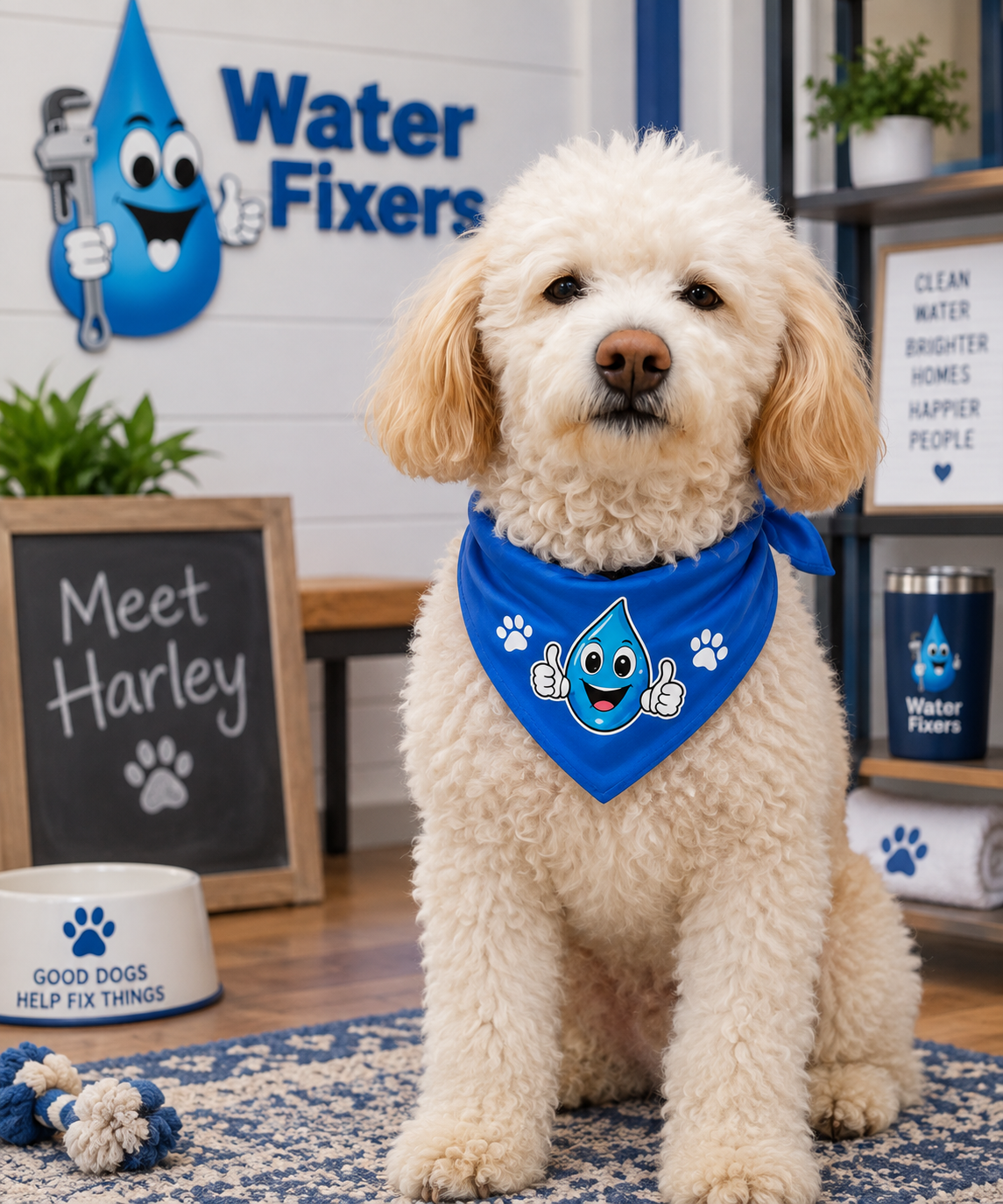 Harley, Water Fixers shop dog and Chief Morale Officer