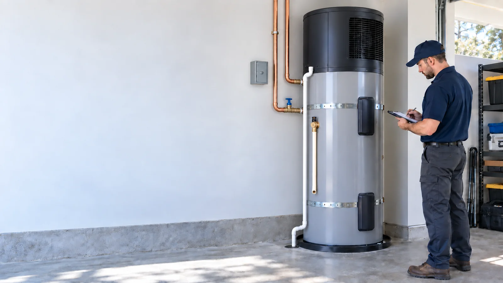 Professional residential heat pump water heater installation with clear service and air space