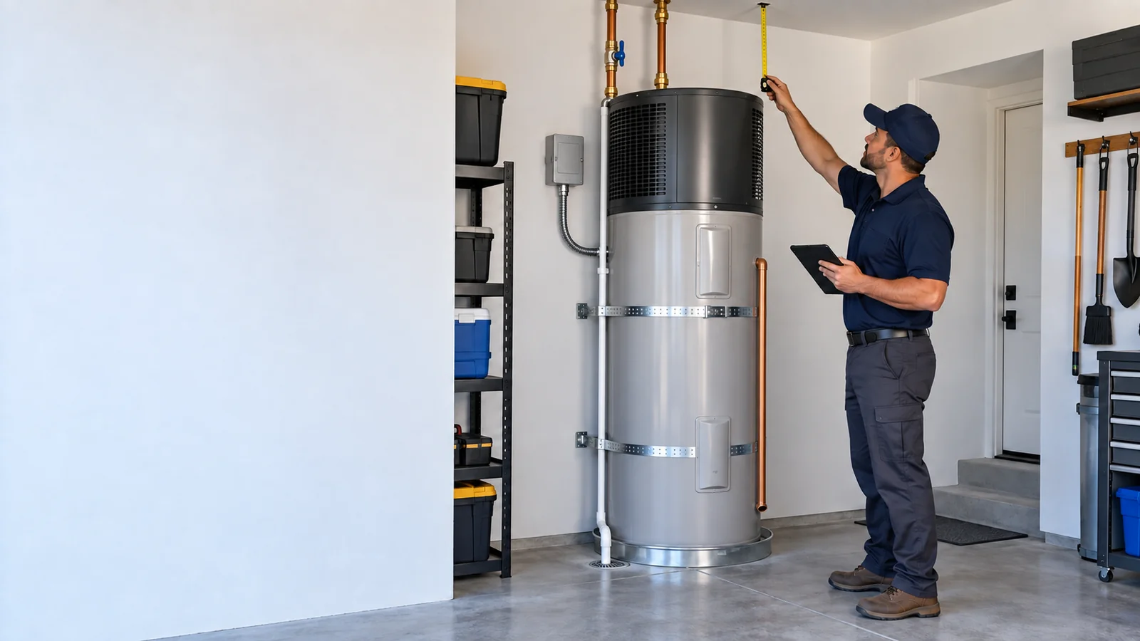 Heat pump water heater installed with service access, airflow space and condensate routing
