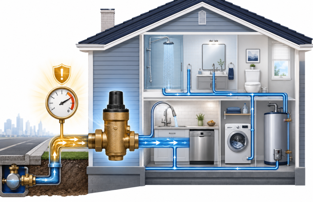 High incoming water pressure reduced by a pressure regulator valve before water reaches household plumbing fixtures