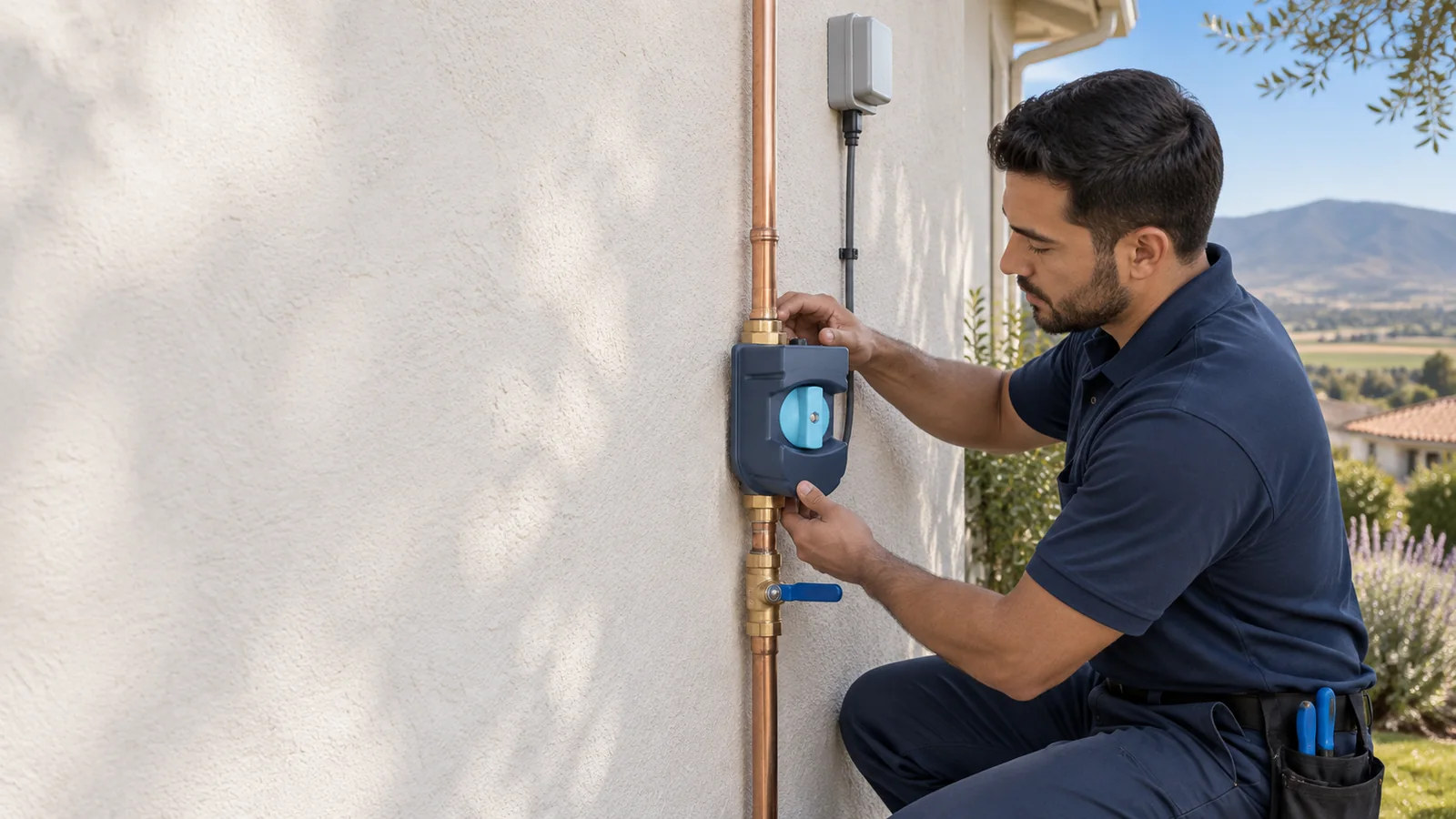 Professional Moen Flo smart water shutoff installation on private residential plumbing in Lompoc