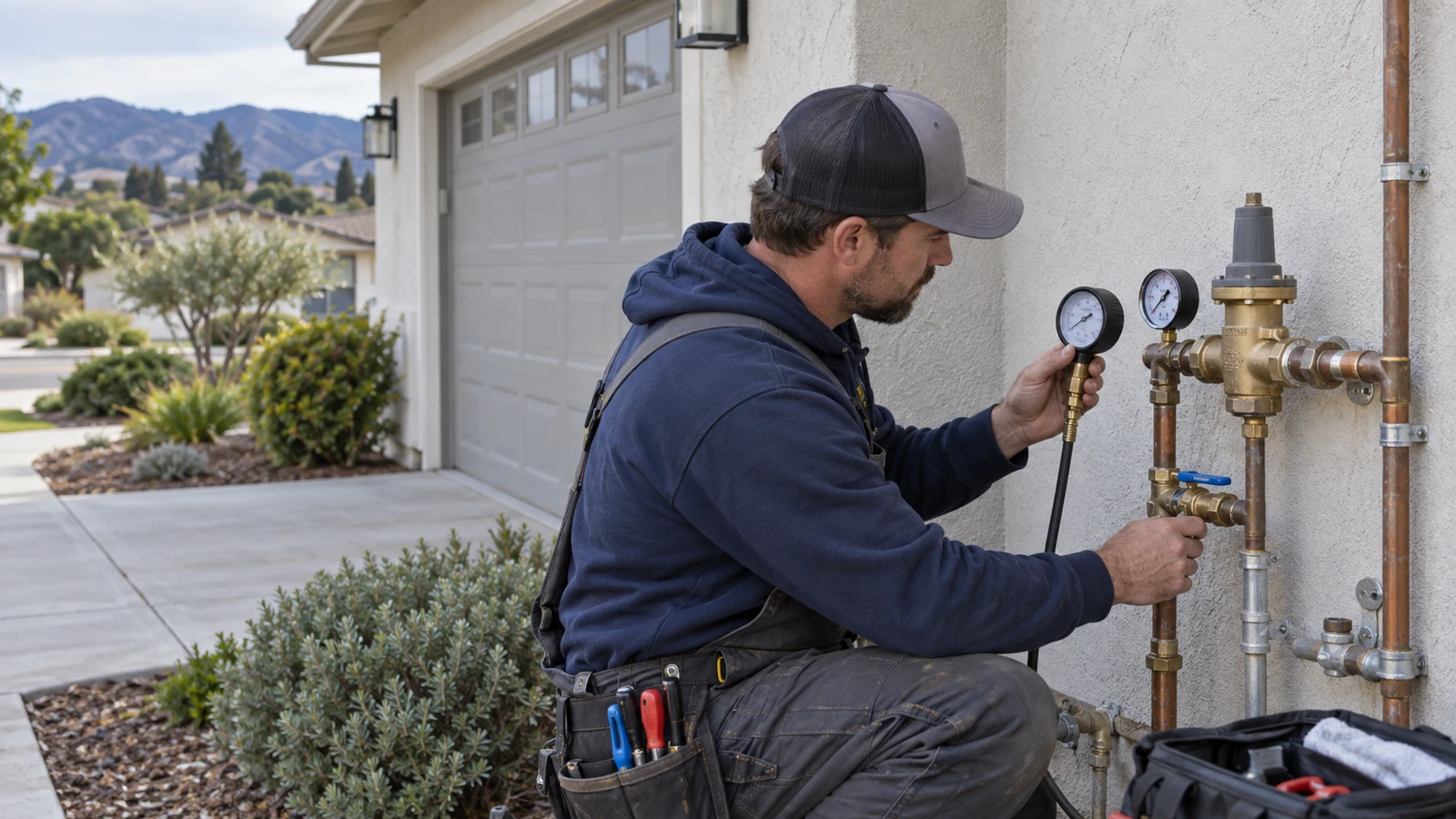 Water Fixers technician checking residential water pressure equipment and gauges at a home in Lompoc, California
