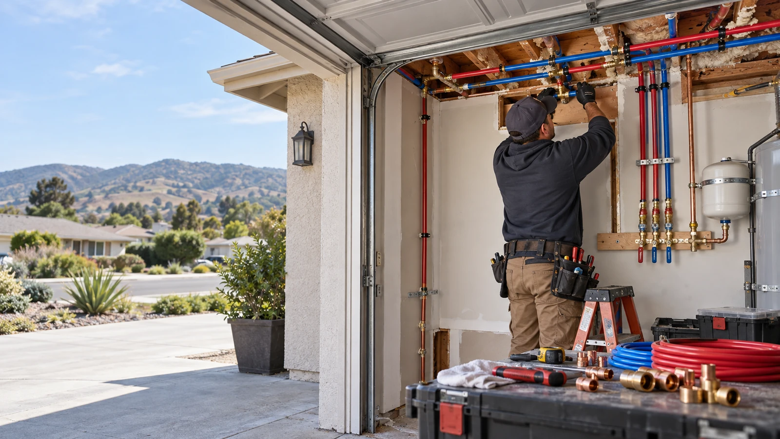 Water Fixers plumber installing new residential water piping during a repiping project in Lompoc, California