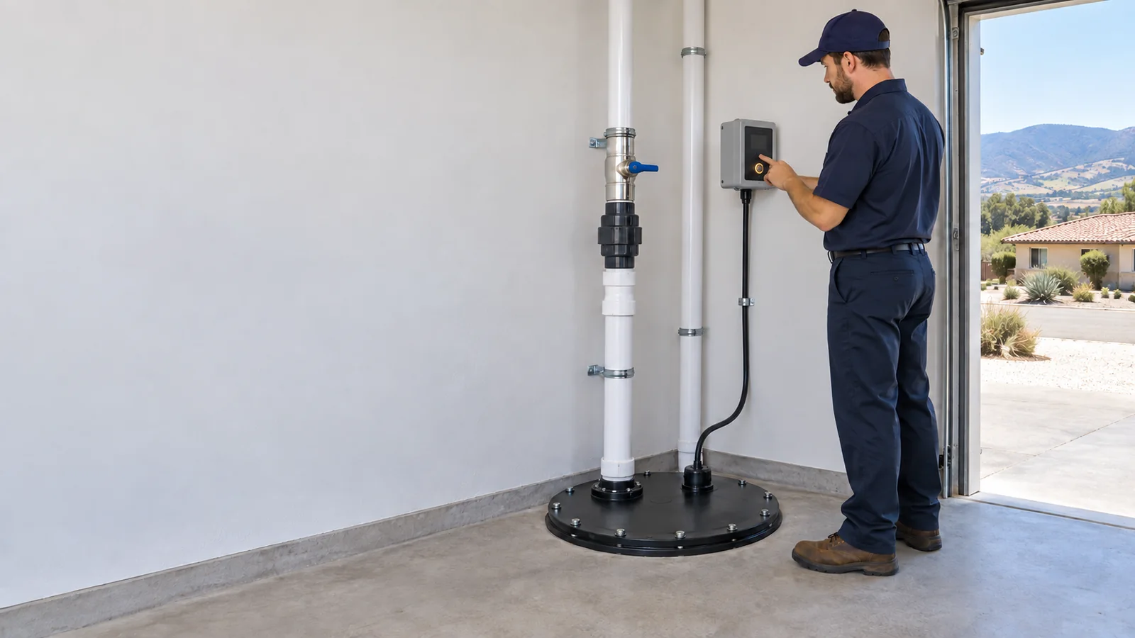 Residential sewage ejector pump service scene for Lompoc with sealed basin and discharge piping