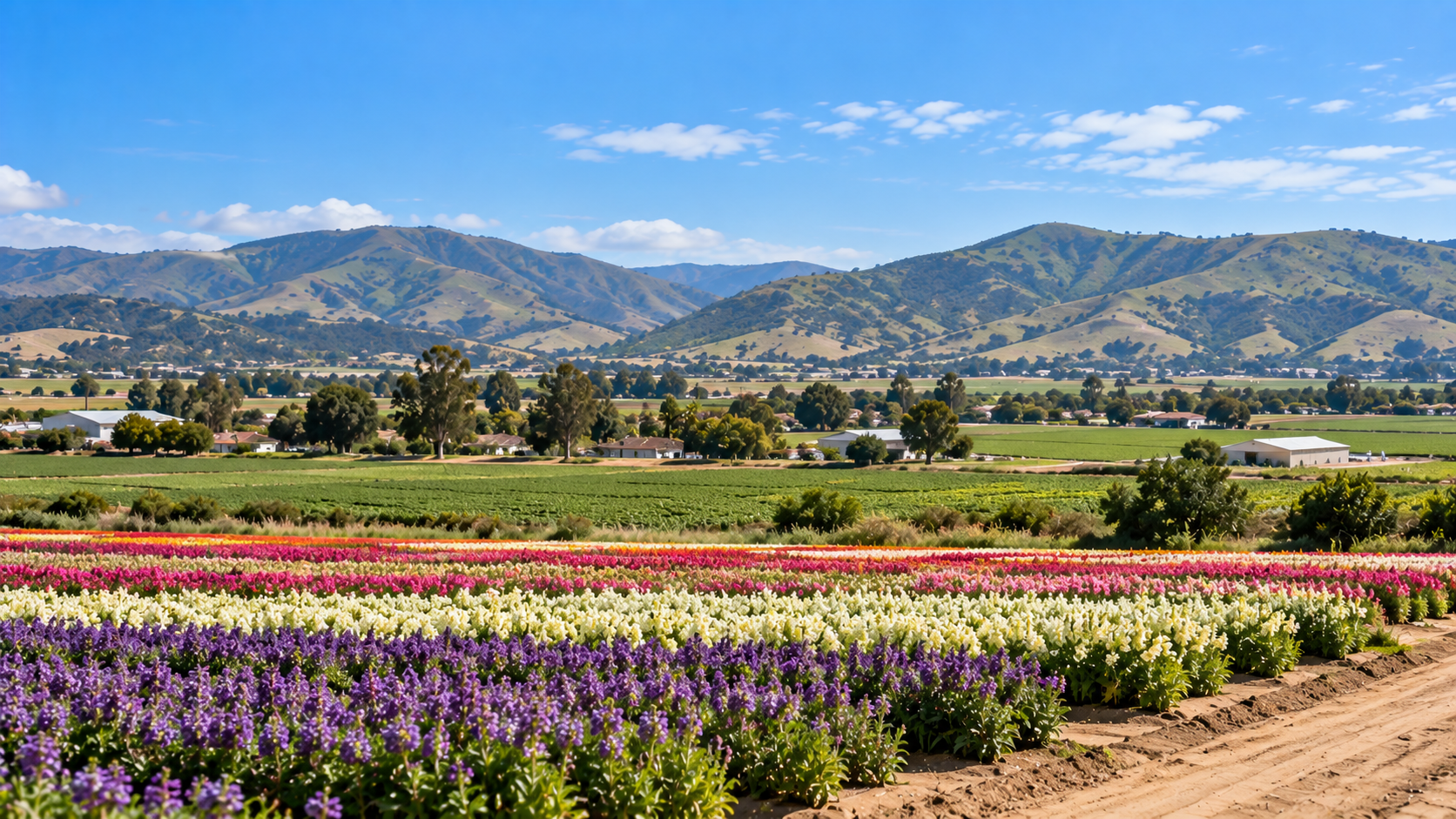 Lompoc Valley flower fields with surrounding hills
