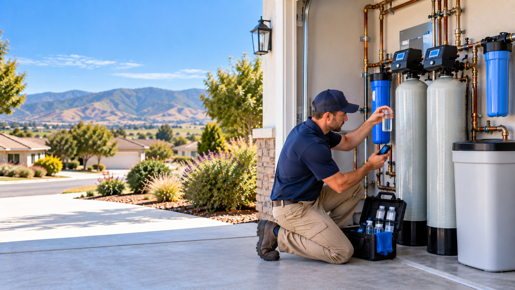 Technician servicing residential water treatment equipment in Lompoc