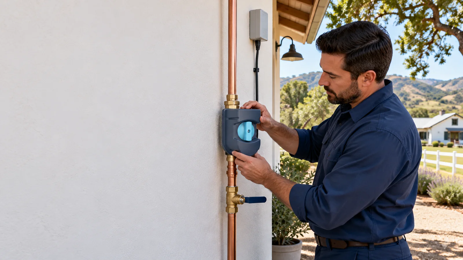 Professional Moen Flo smart water shutoff installation on private residential plumbing in Los Alamos