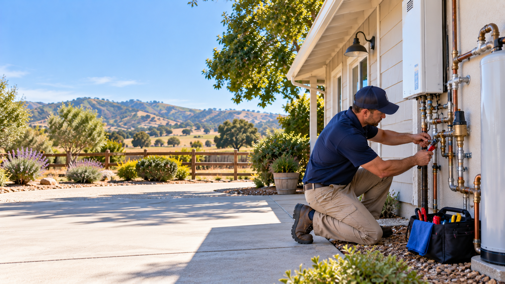 Plumber servicing exterior residential water piping in a Los Alamos service-area setting