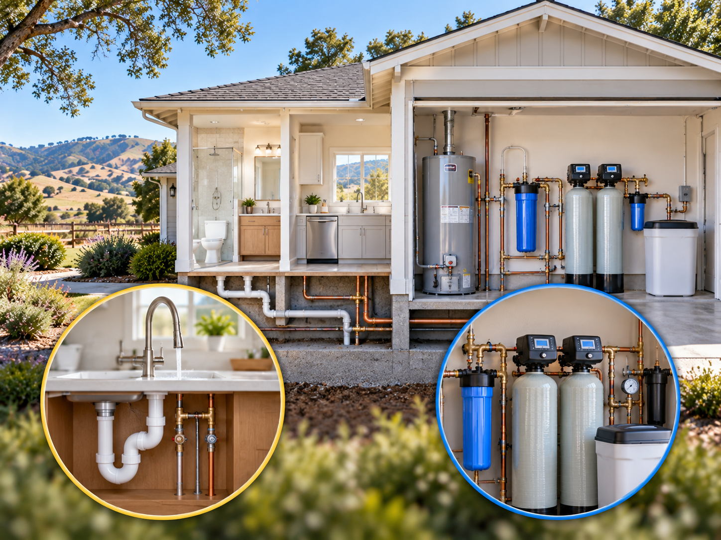 Home diagram separating plumbing repairs from water filtration service paths